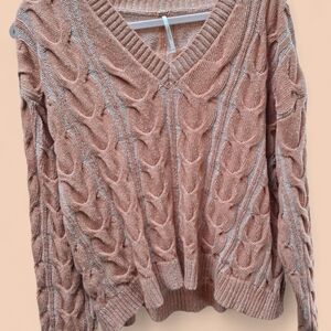 Cable Knit V-Neck Sweater - Pink